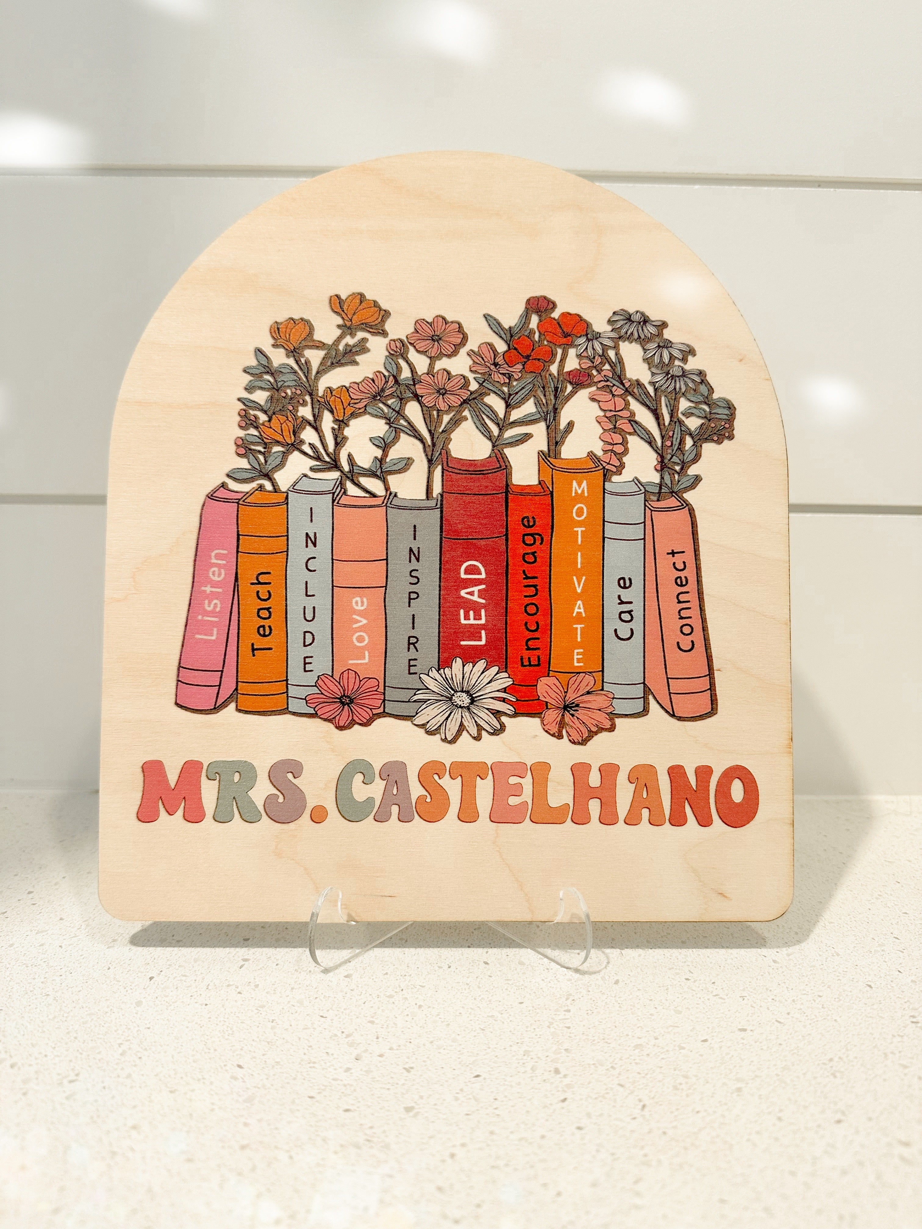 Wooden Teacher Sign / Book & Floral design