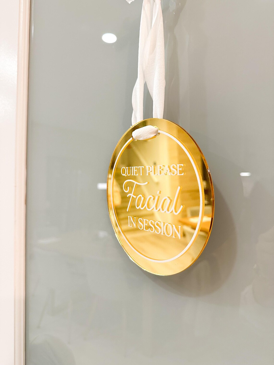 Round Hanging Acrylic Sign (In Session) w/ White Rope - Custom signage for office home rental door, small business logo sign, trade show