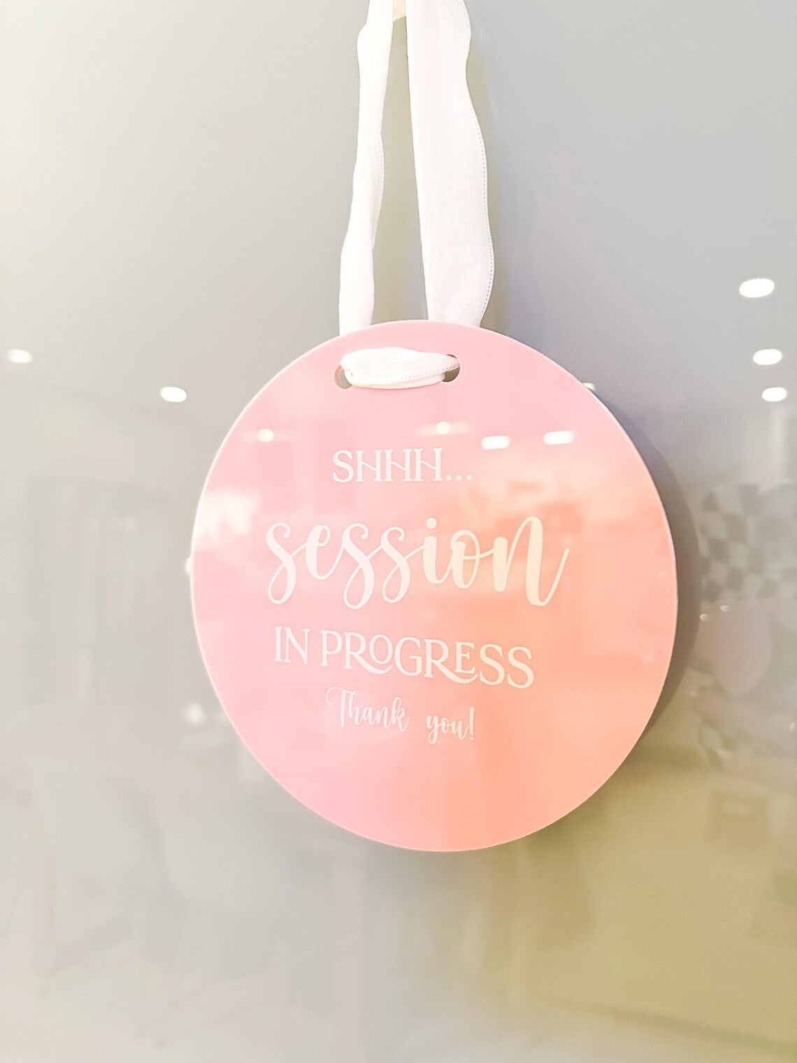 Round Hanging Acrylic Sign (In Session) w/ White Rope - Custom signage for office home rental door, small business logo sign, trade show
