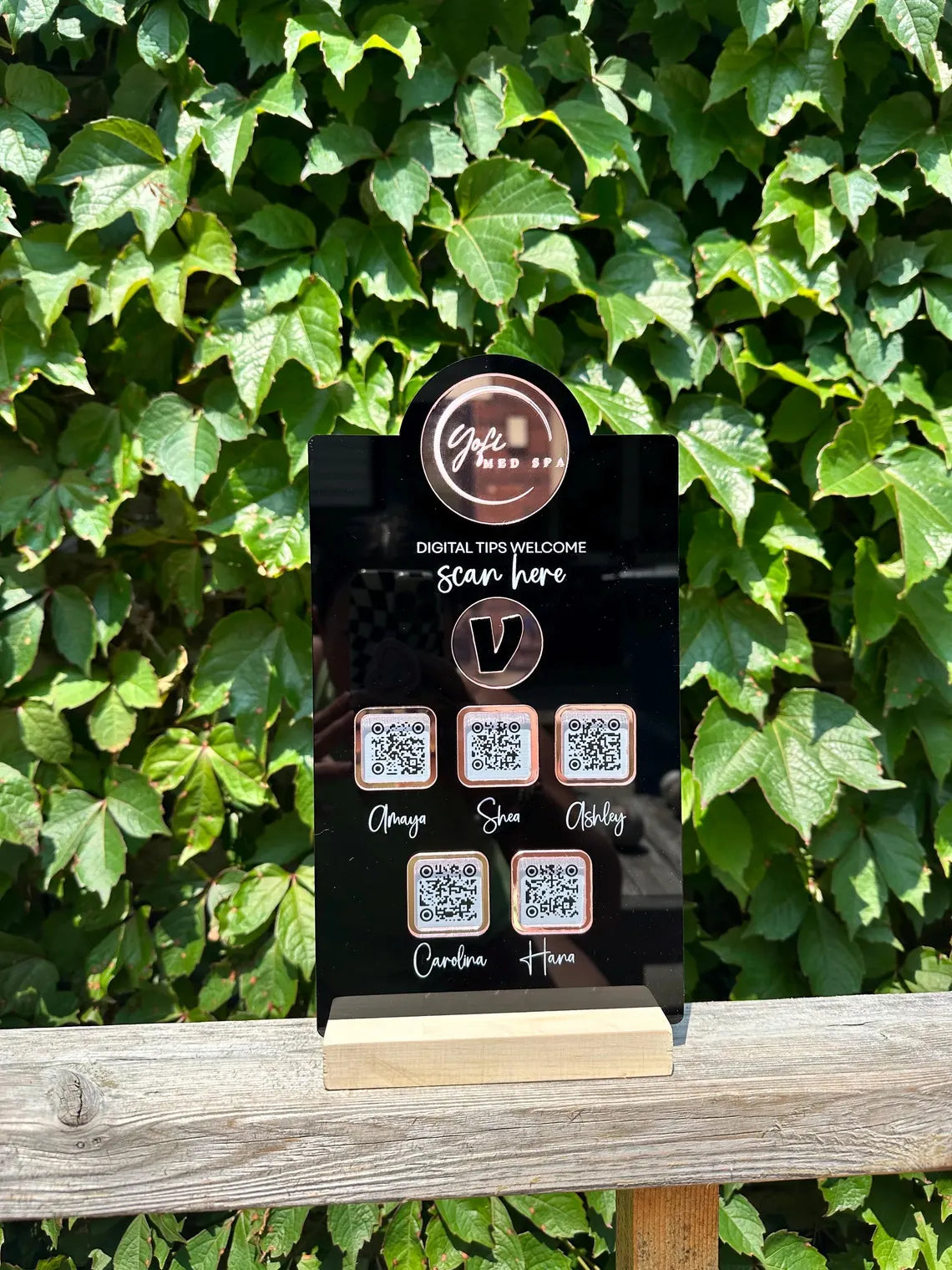 QR Code Scan to Pay w/ Wood Stand - Scannable Acrylic Sign to Pay Venmo Paypal Cashapp Table Sign for Salon Restaurant Bars Small Business